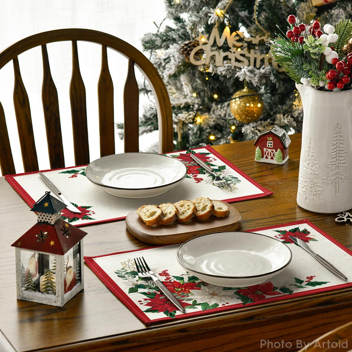 Artoid Mode Beige Leaves Poinsettia Christmas Placemats Set of 4, 12x18 Inch Seasonal Winter Table Mats for Party Kitchen Dining Decoration Artoid Mode