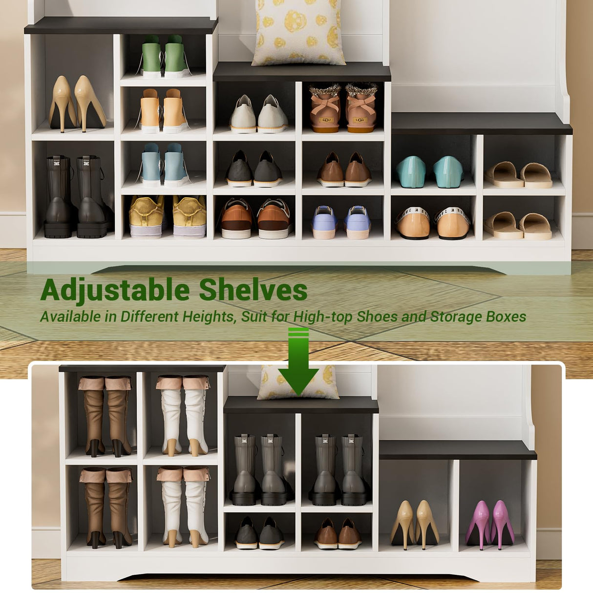 77" Hall Tree with Shoe Storage and Coat Rack, Farmhouse Entryway Bench, 16 Shoe Cubbies & 10 Coat Hooks, 15.8"D x 59"W x 77"H, Freestanding Entrance Storage Cabinet for Entryway Hallway, White Yeyawomy