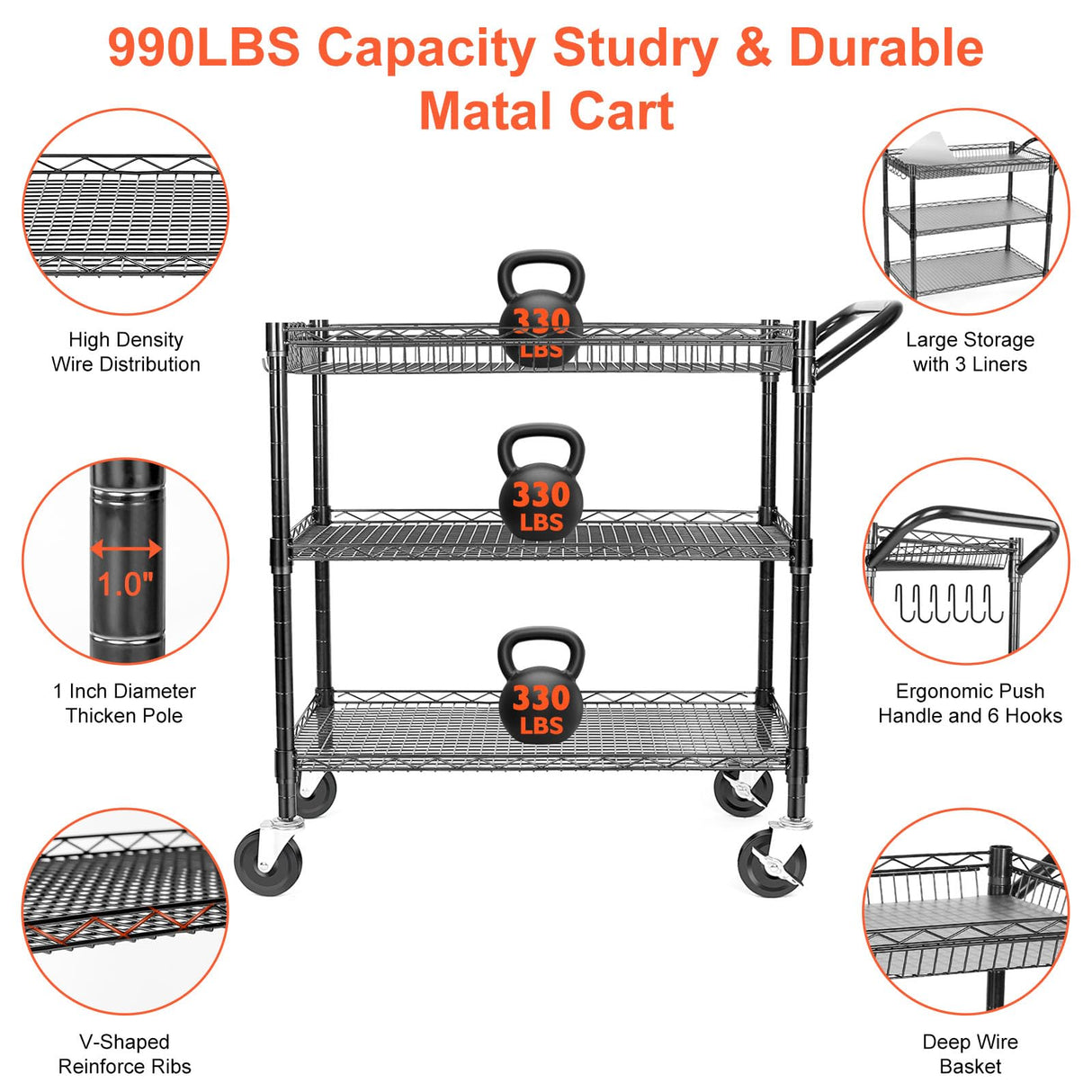BolDuck Heavy Duty Utility Cart on Wheels,990Lbs Capacity 3 Tier Rolling Carts with Wheels,Kitchen Cart on Wheels with Storage,Commercial Grade Metal Serving Cart with Wire Shelving &Handle Bar,Black BolDuck