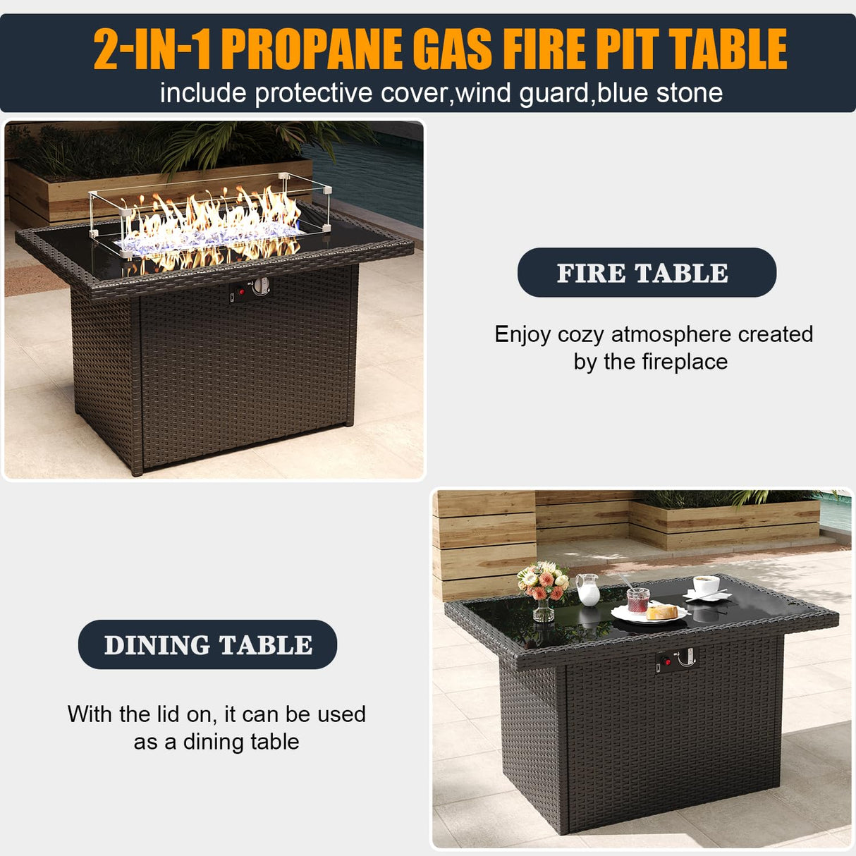 FUARTIO 10 Pieces Outdoor Patio Furniture Set with Fire Pit Table, Wicker Patio Sectional Set Conversation Wicker Swivel Chairs with Small Side Table FUARTIO