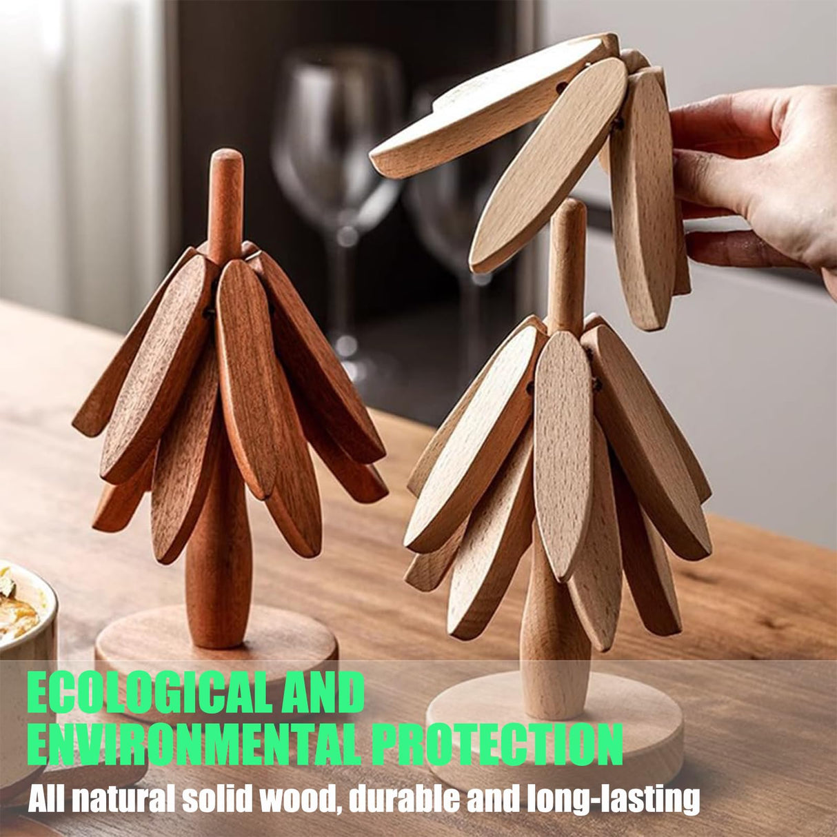 Wooden Trivets for Hot Dishes, Tree Shape Trivet Set, Foldable Kitchen Wooden Trivets, Tree Coaster for Hot Dishes、Pot、Bowl、teapot、hot Pot Holders (4 Piece-Walnut) SSFUN
