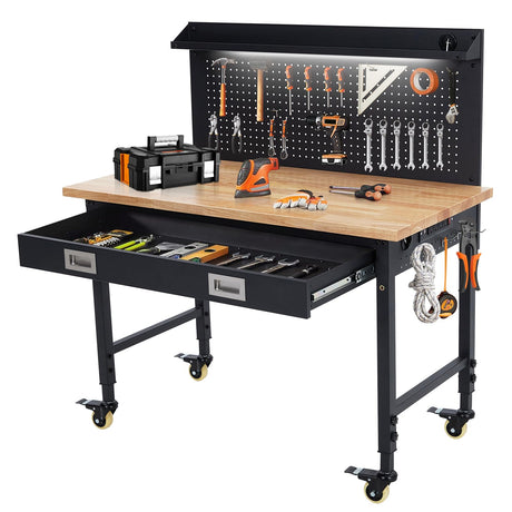ACONEE 48"x 24" Workbench for Garage, Heavy Duty Workstation with Drawer Storage, Backplate, 2000LB Load Capacity, Multipurpose Rubber Wood Shop Table with Power Outlets, Hooks, Hardwood Workbench ACONEE