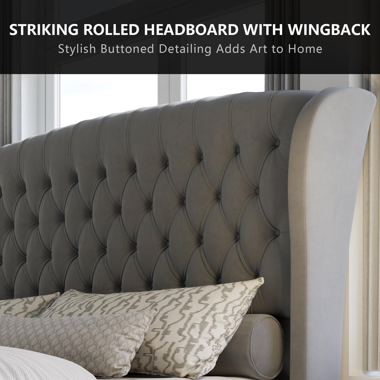 AMERLIFE King Size Platform Bed Frame, Velvet Upholstered Sleigh Bed with Scroll Wingback Headboard & Footboard/Button Tufted/No Box Spring Required/Grey AMERLIFE