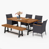 MFSTUDIO 6-Piece Outdoor Patio Dining Set with Acacia Wood Table and Bench,Outdoor Rattan Wicker Chairs Furniture Set with Removable Cushions for Balcony,Garden,Lawn MFSTUDIO