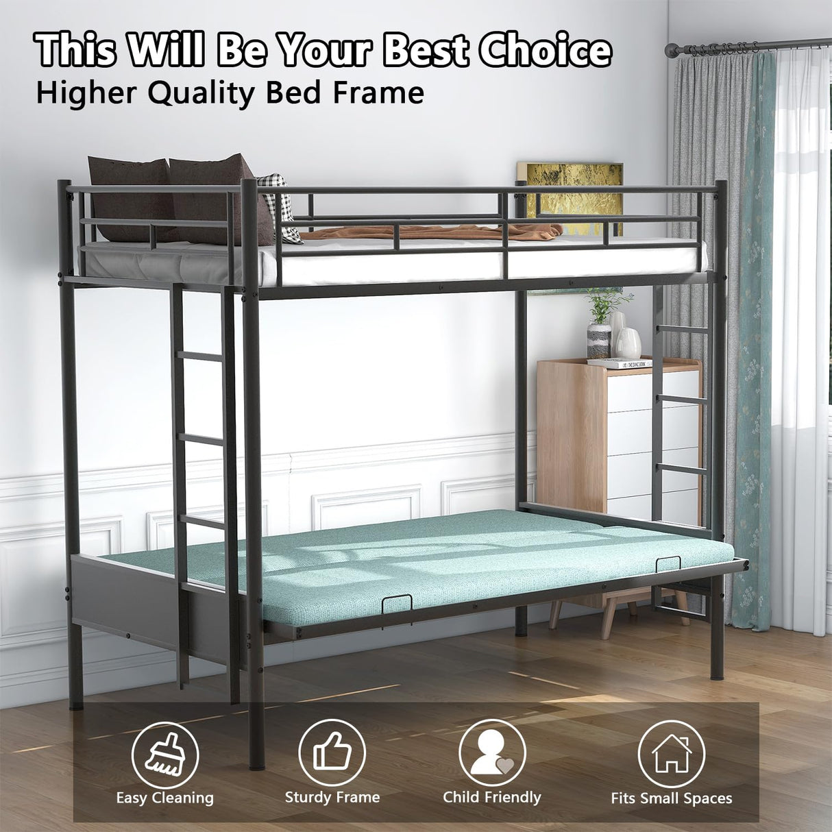 Twin Over Futon/Full Bunk Bed, Bed Frame with Sturdy Steel Frame, Convertible Metal Bunk Bed Couch and Bed with Guard Rail Ladder for Kids Adults Teens,Black Anwick