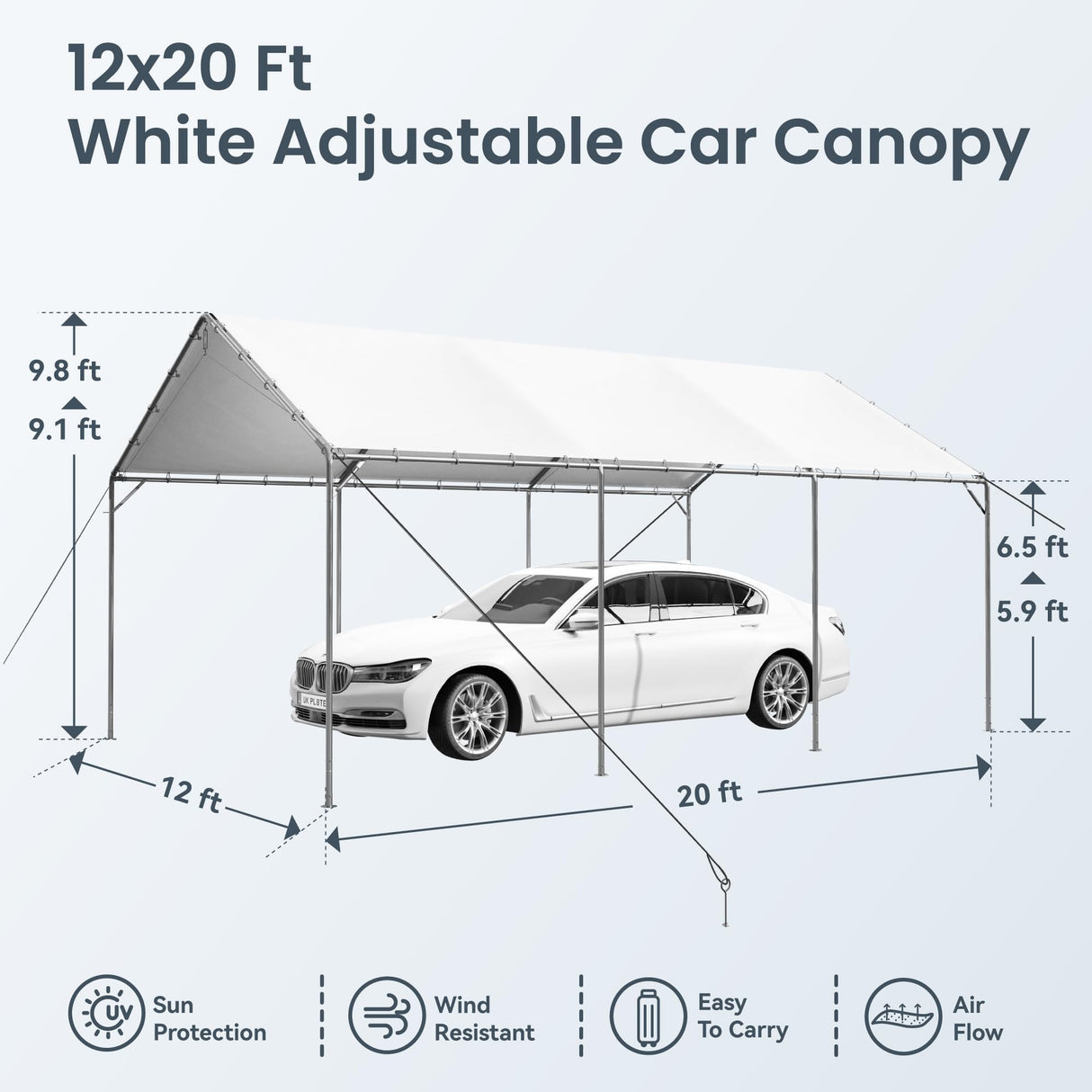 PHI VILLA 12x20 ft Heavy Duty Carport Car Canopy Party Tent Adjustable Peak Height, Garage Storage Boat Shelter with Waterproof & UV Protected Tarp, White PHI VILLA