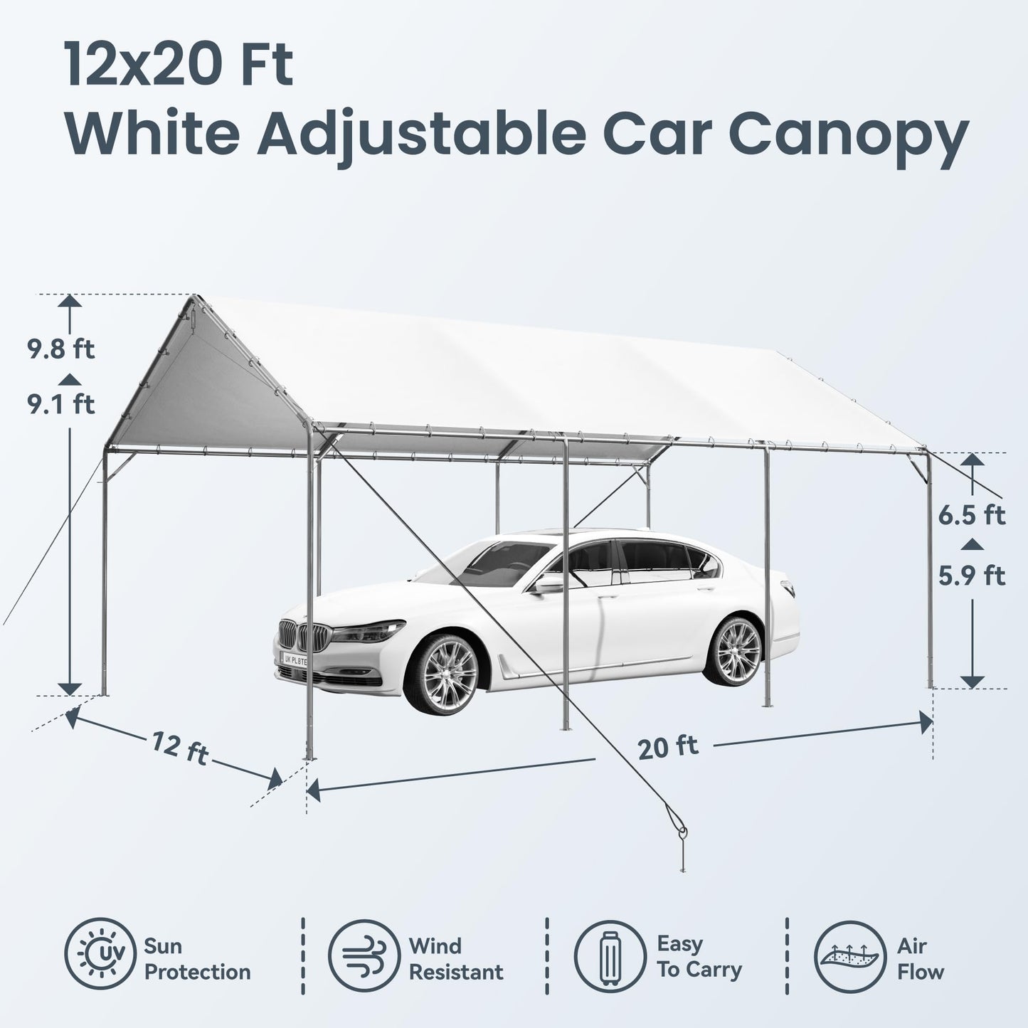 PHI VILLA 12x20 ft Heavy Duty Carport Car Canopy Party Tent Adjustable Peak Height, Garage Storage Boat Shelter with Waterproof & UV Protected Tarp, White - WoodArtSupply