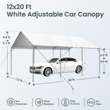 PHI VILLA 12x20 ft Heavy Duty Carport Car Canopy Party Tent Adjustable Peak Height, Garage Storage Boat Shelter with Waterproof & UV Protected Tarp, White PHI VILLA
