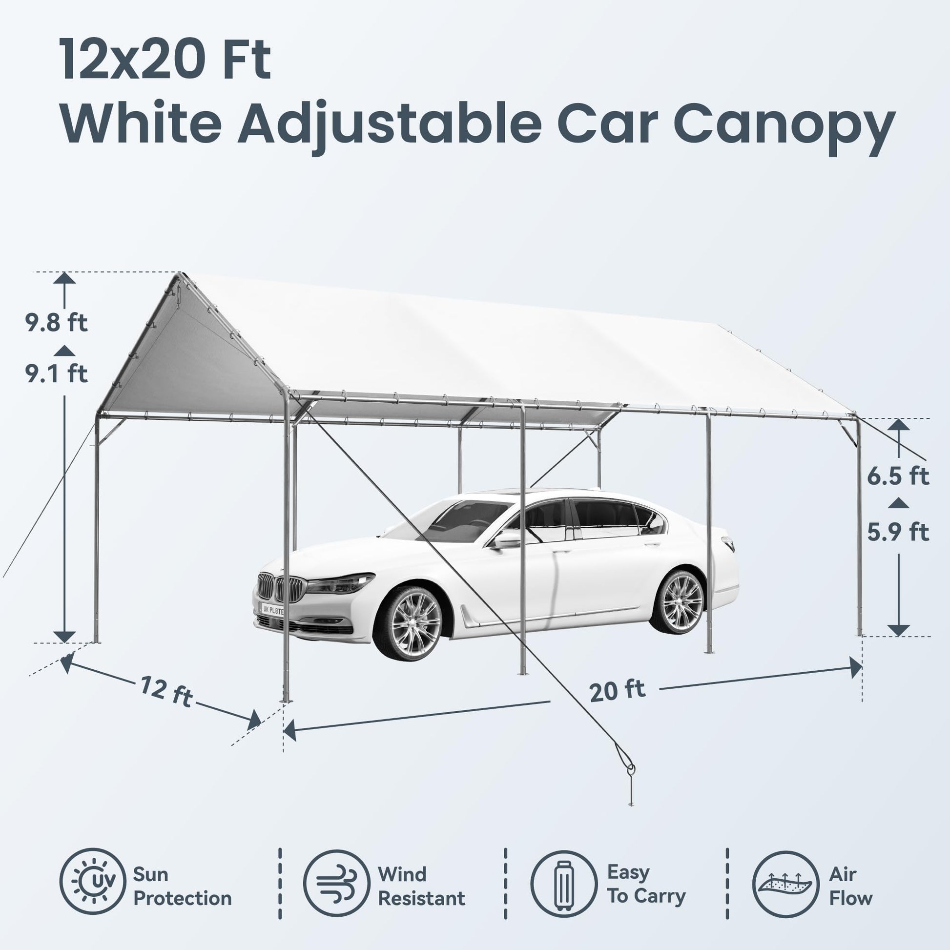 PHI VILLA 12x20 ft Heavy Duty Carport Car Canopy Party Tent Adjustable Peak Height, Garage Storage Boat Shelter with Waterproof & UV Protected Tarp, White - WoodArtSupply