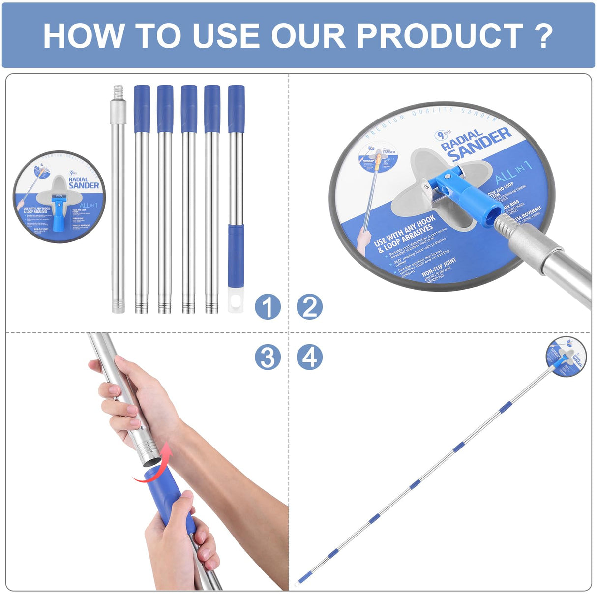 Drywall Pole Sander, 86 Inch Radial Round Pole Sander with Extension Pole, Manual Hand Drywall Sander for Walls and Ceilings, Includes 5pcs Sanding Sheets (80, 100, 120, 180, 240 Grit) ISIVOVE