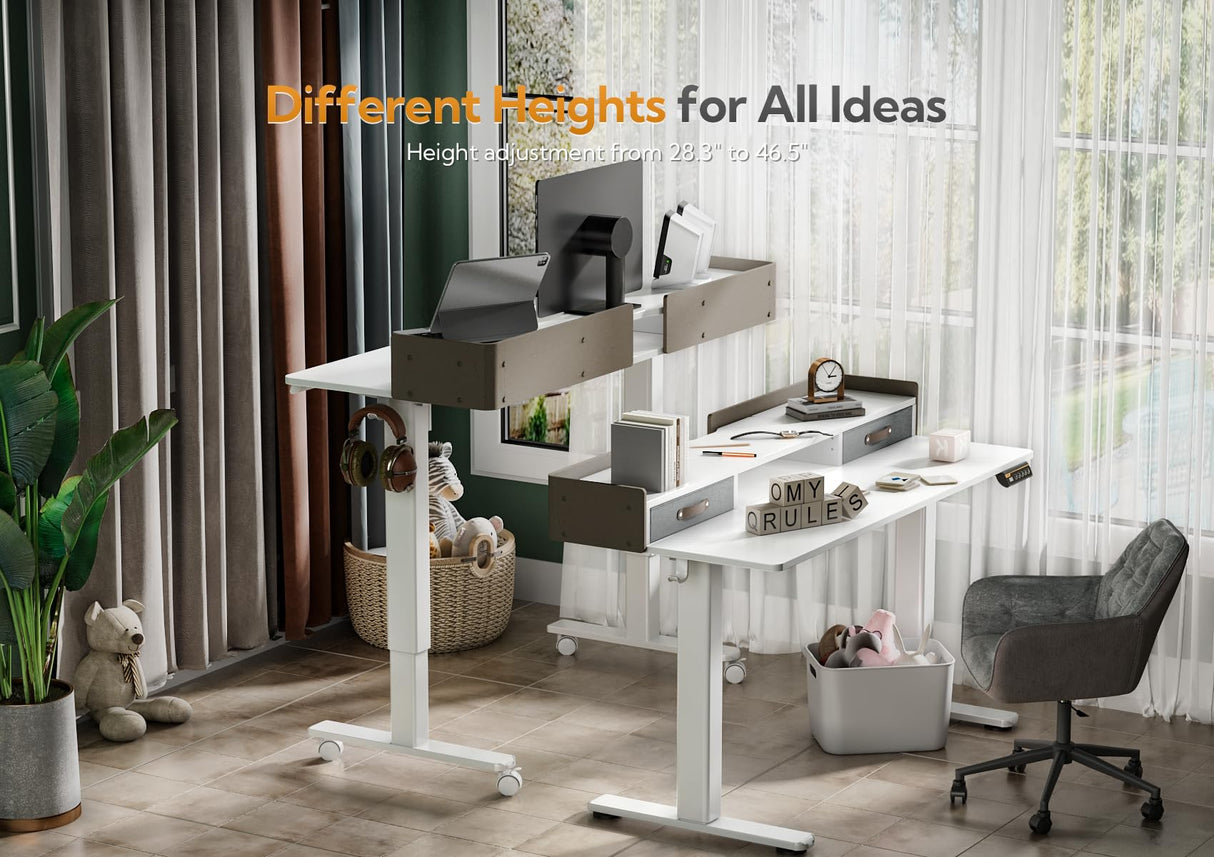 Claiks Standing Desk with Drawers, Stand Up Electric Standing Desk Adjustable Height, Sit Stand Desk with Storage Shelf and Splice Board, 48 Inch, White Claiks