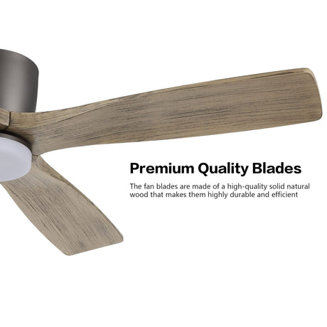 WINGBO 48 Inch Flush Mount DC Ceiling Fan with Lights and Remote, 4 Reversible Carved Wood Blades, 6-Speed Noiseless DC Motor, Hugger Ceiling Fan in Graphite Finish with Gray Blades, ETL Listed WINGBO