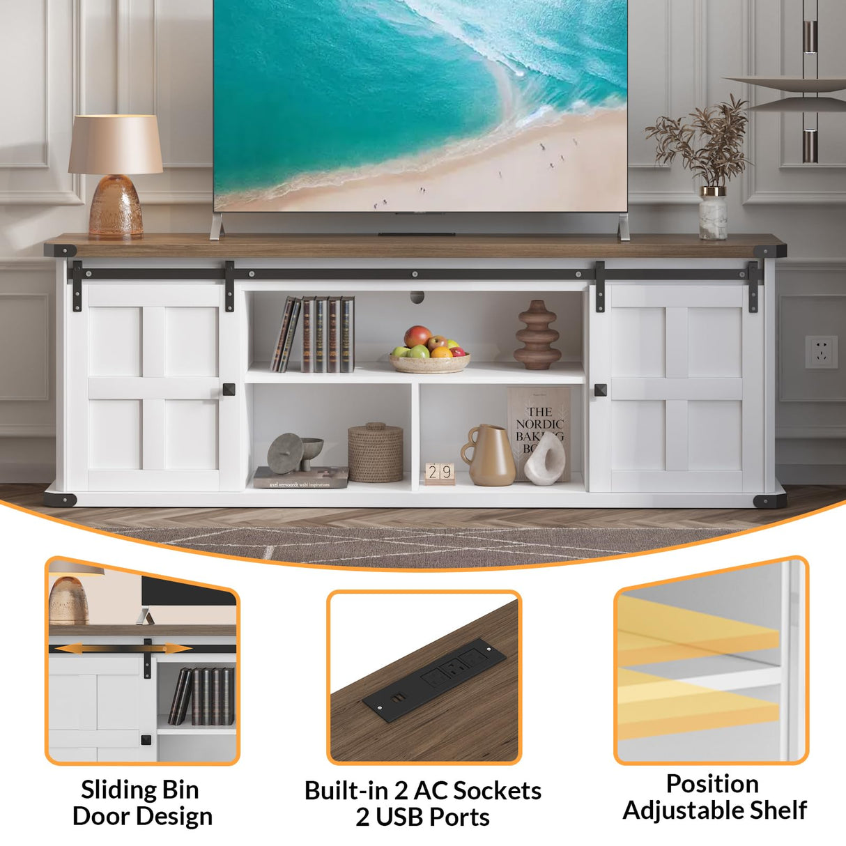 GAOMON 70" Farmhouse TV Stand for 80/75/70 Inch TVs,Entertainment Center Storage Cabinets w/Power Outlets and Sliding Barn Door,Rustic TV Stands for Living Room,Media Console Cabinet GAOMON