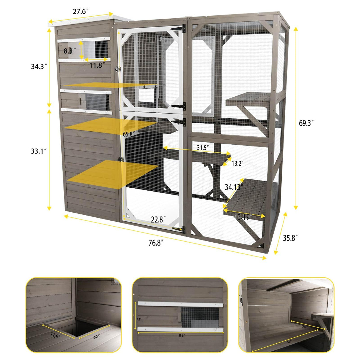 Gowoodhut Large Outdoor Catio Enclosures - Wooden Cat House Weatherproof with Multi Platforms & Weather Resistant Roof, Indoor Interoperability - 71" H 77" L Gowoodhut