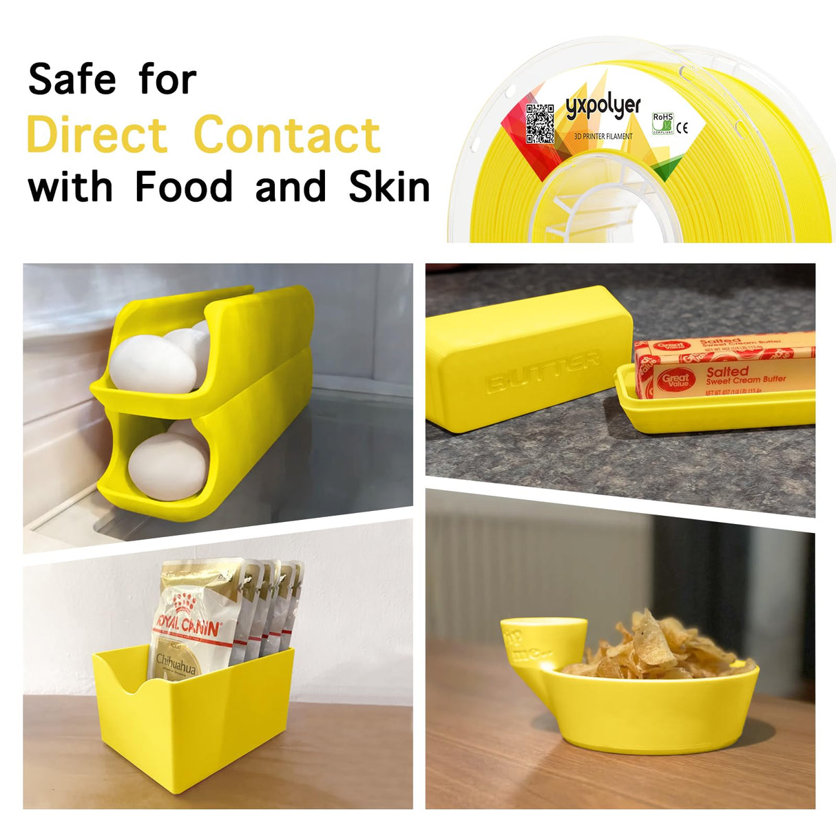 YXPOLYER PLA+ Filament Food Safe PLA Plus Food-Grade 1.75mm 3D Printing Filament 1kg 2.2lbs with PC Reusable Spool fit AMS System and Most FDM 3D Printers, Yellow yxpolyer