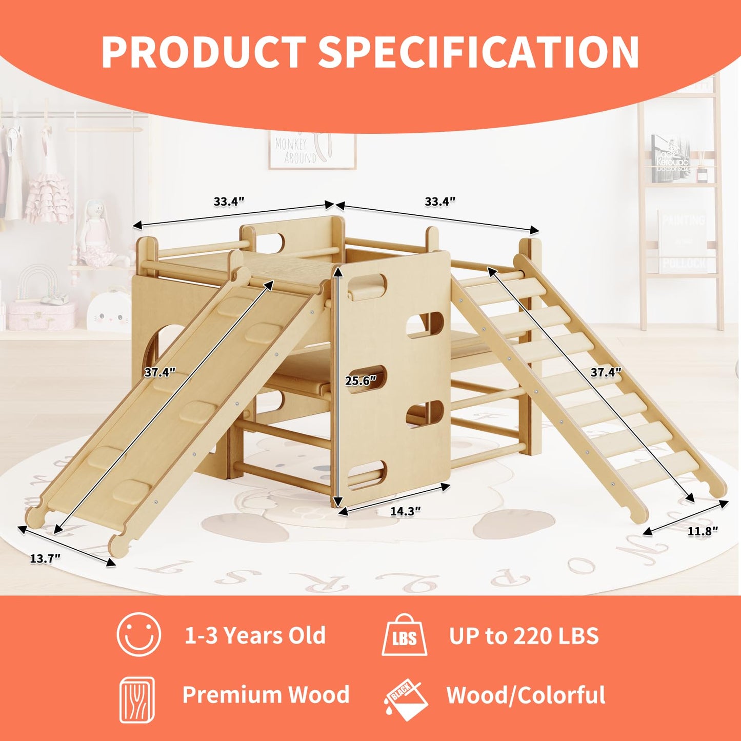 DEYGIA 7-in-1 Indoor Jungle Gym, Wooden Indoor Playground for Kids 1-3, Toddler Playground with Climbing Arch, Ladder, Rock and Slide, Montessori Climbing Set Play Gym - Wood