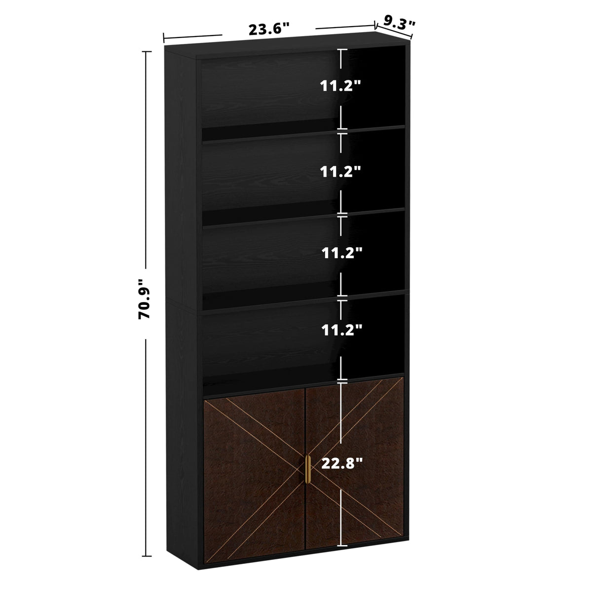 IRONCK Book Shelf and Bookcase with Leather Doors, 70" Tall Bookshelf, 6 Tier Display Case Floor Standing for Home Office, Living Room, Black IRONCK