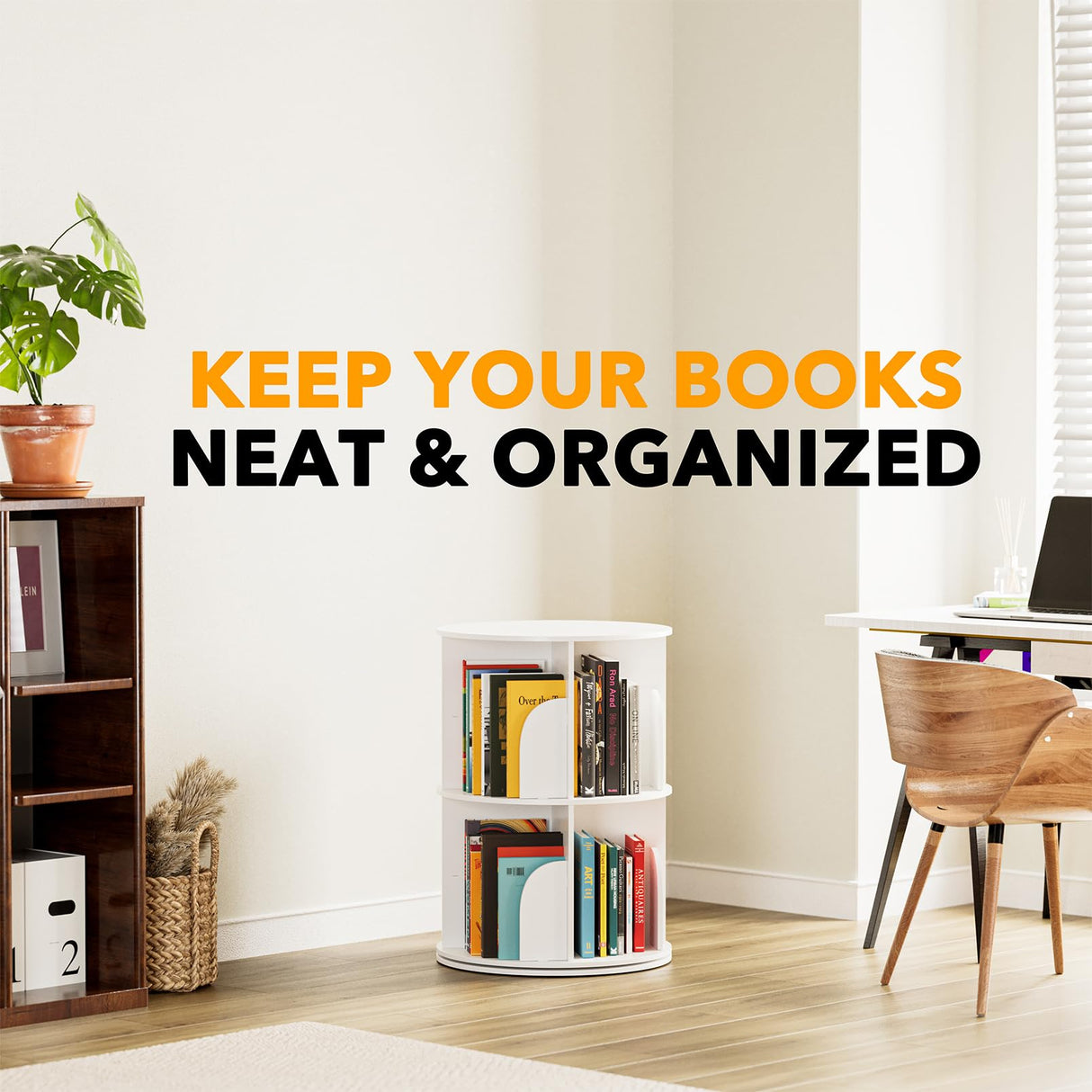 SpaceAid 2 Tier Rotating Bookshelf Tower, Spinning Bookcase Lazy Susan, Revolving 360 Book Shelf Storage Round Carousel, Vertical Rotate Turning Spiral Corner Organizer, White SpaceAid