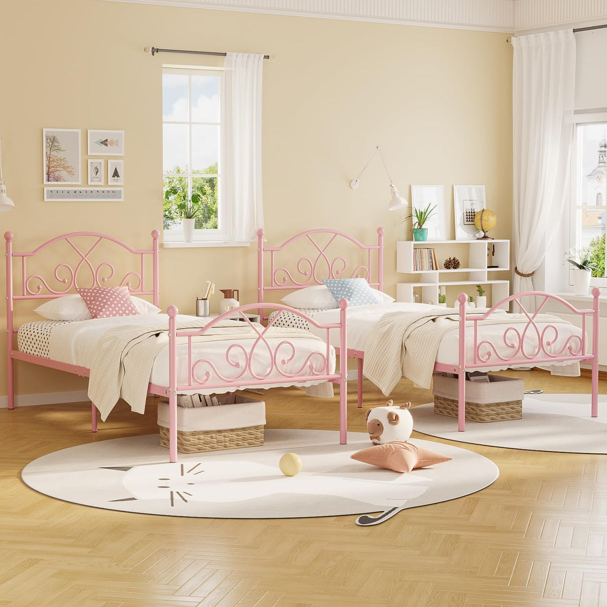 Weehom Twin Bed Frames, Modern Twin Size Metal Bed Frames for Kids Girls, No Box-Spring Needed Twin Platform Bed Frame with Unique Headboard and Footboard, 11.23 Inches Storage Space - Pink Weehom