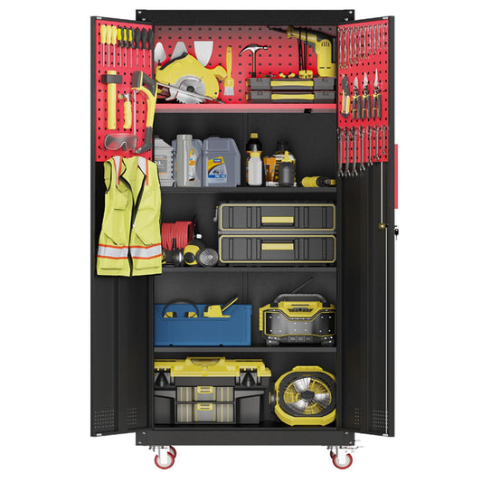 Kelueo Metal Garage Storage Cabinet, Tall Garage Cabinets with 5 Adjustable Shelves, Steel Tool Storage Cabinet with Wheels,Lockable Heavy Duty Garage Storage Cabinets for Garage, Warehouse - WoodArtSupply