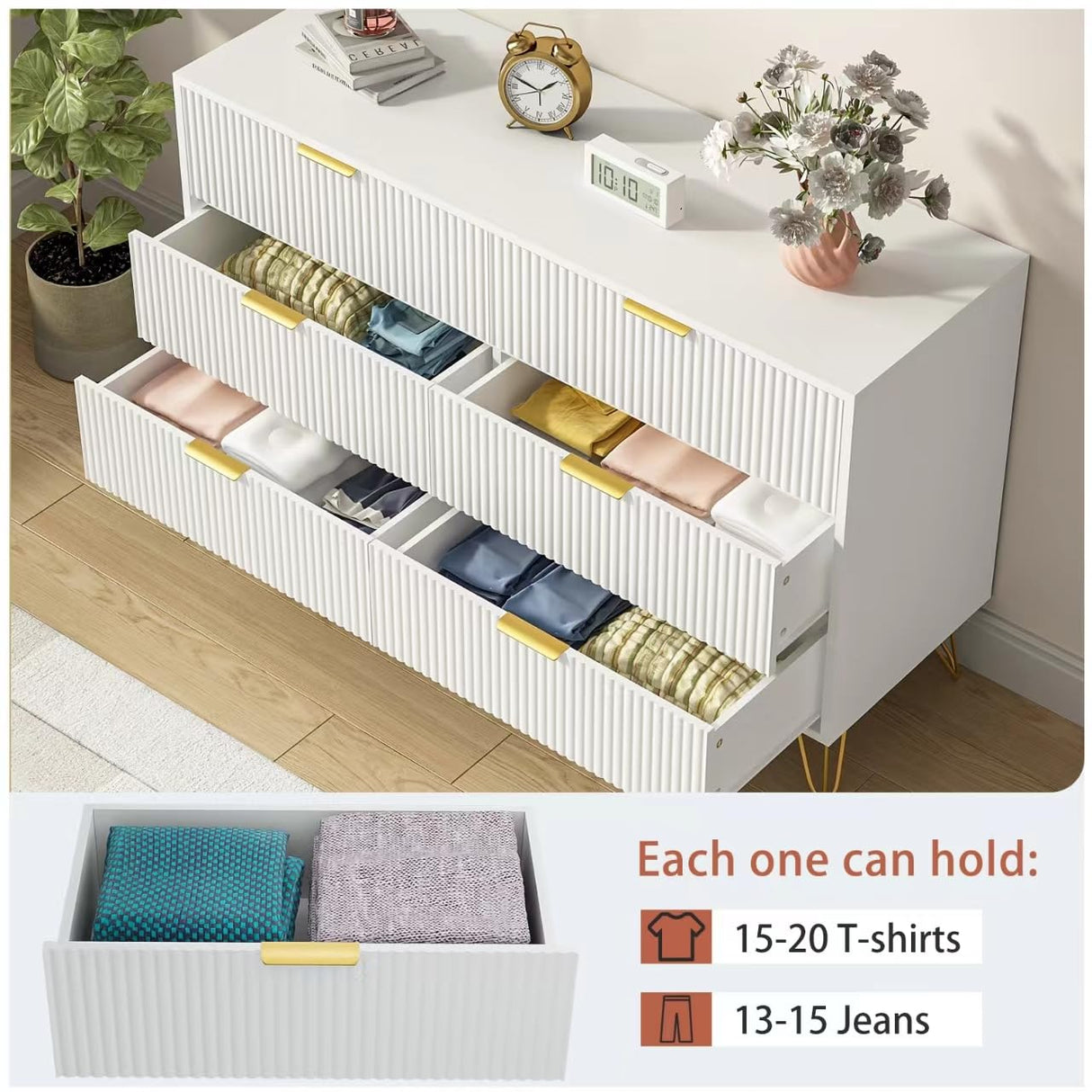 LYNSOM Dresser for Bedroom, Modern 6 Drawer White Dresser with Metal Handles and Wide Drawer, Wood Chest of Drawers for Living Room LYNSOM