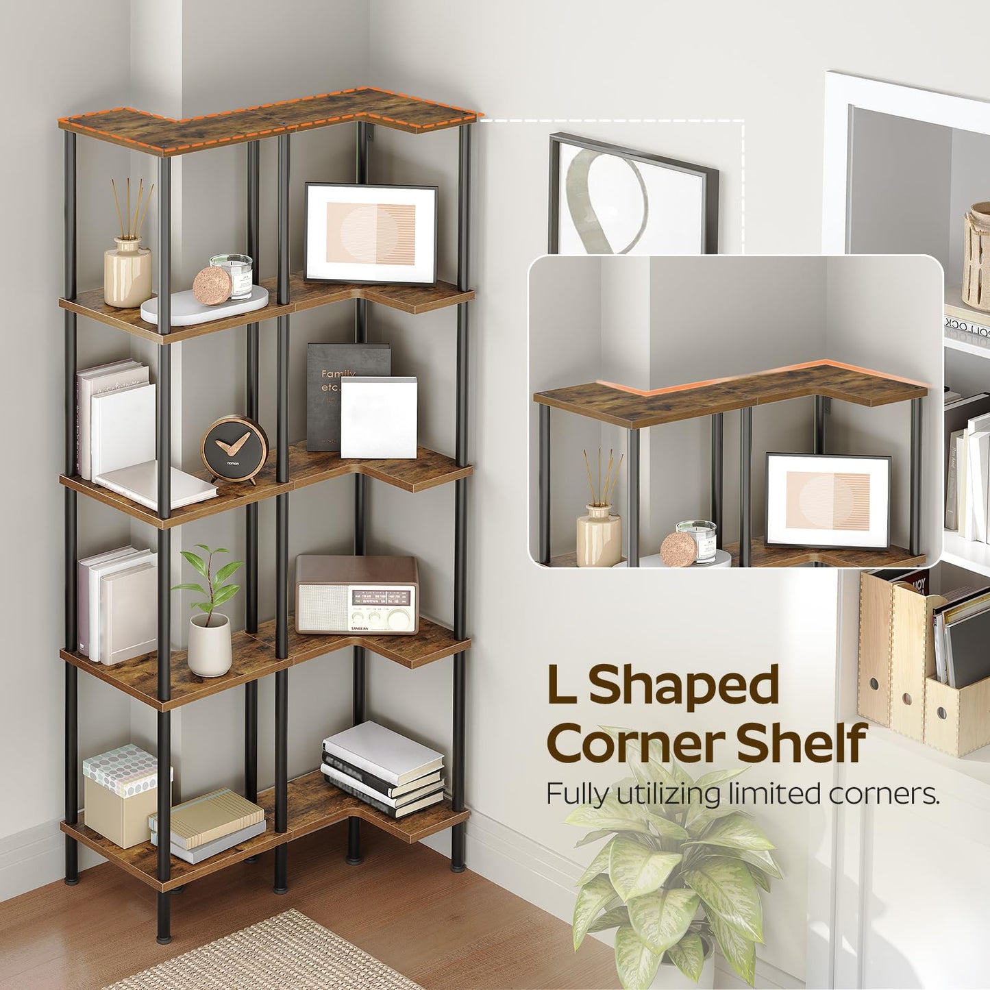 YATINEY Corner Shelf Stand, 5 Tier Corner Bookshelf with Storage, Tall L Shaped Corner Shelves Display Shelf, Industrial Tiered Rack Small Space for Bedroom, Living Room, Rustic Brown SJ03BR