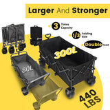 Sekey 48''L Collapsible Foldable Extended Wagon with 440lbs Weight Capacity, Heavy Duty 300L Folding Utility Garden Cart with Big All-Terrain Beach Wheels & Drink Holders. Black Sekey