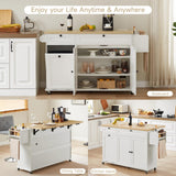 60" Kitchen Island with Power Outlet & Drop Leaf, Kitchen Rolling Island with Spice Rack & Towel Rack, Knife Holder, Kitchen Island Cart with Trash Storage Cabinet, Mobile Island Table for Kitchen ONBRILL