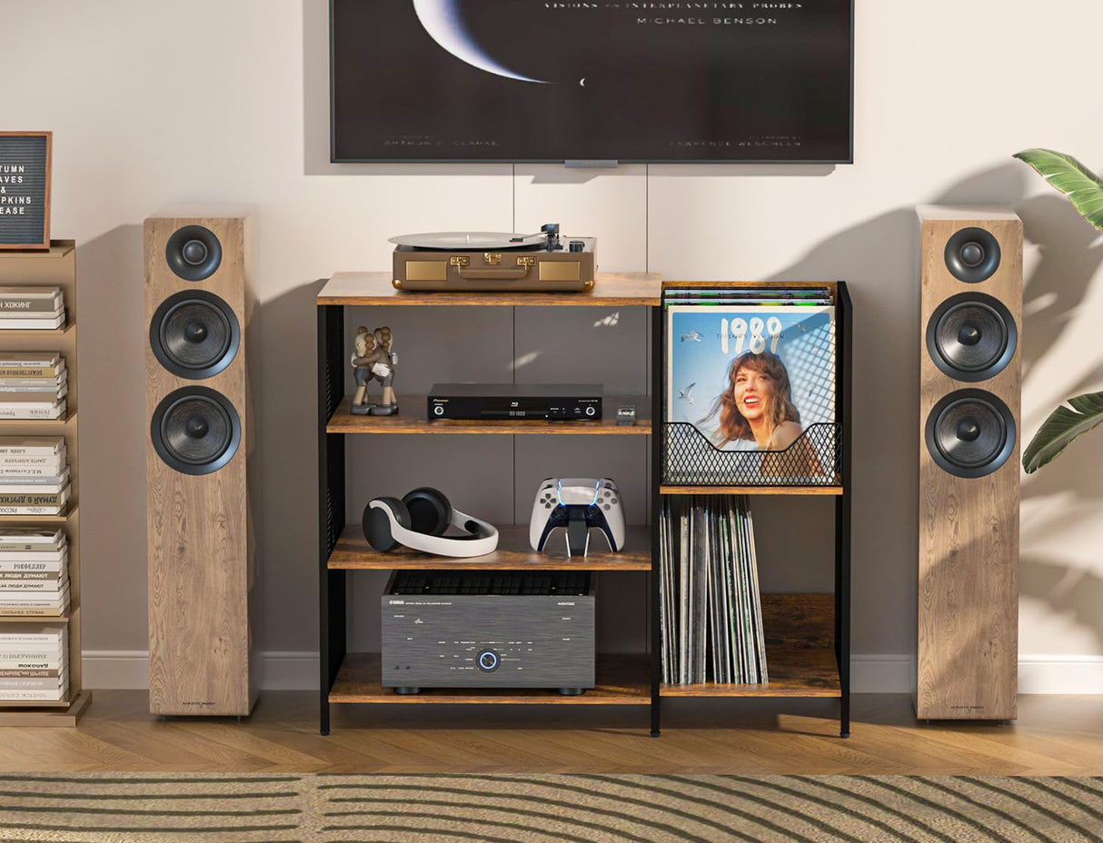 Media Console Table Stereo Stand Cabinet with Turntable Shelf, 4 Tier Record Player Stand Table with Vinyl Record Storage Holder, Audio Video Shelving Rack/Turntable Stand for Entertainment Center Cottage Charm