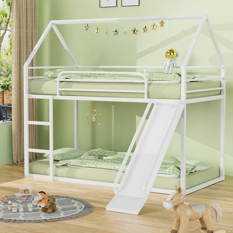 Varmsteda Bunk Bed Twin Over Twin for Kids with Slide and Ladder, Metal Floor Bunk Bed Frame with Full-Length Guardrail, Space-Saving Bunk Beds, White Varmsteda