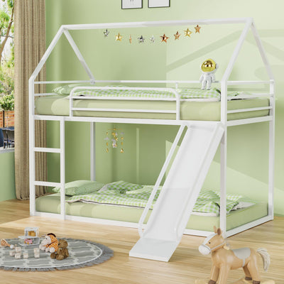 Varmsteda Bunk Bed Twin Over Twin for Kids with Slide and Ladder, Metal Floor Bunk Bed Frame with Full-Length Guardrail, Space-Saving Bunk Beds, White