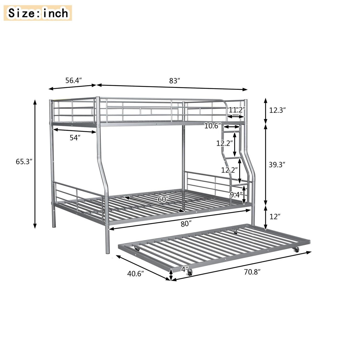 Harper & Bright Designs Full XL Over Queen Metal Bunk Bed with Trundle, Ladder & High Guardrail, Able to Split, Noise Free, Heavy-Duty Steel Loft Bed Frame with Safety Rail for Bedroom, Dorm (Silver)