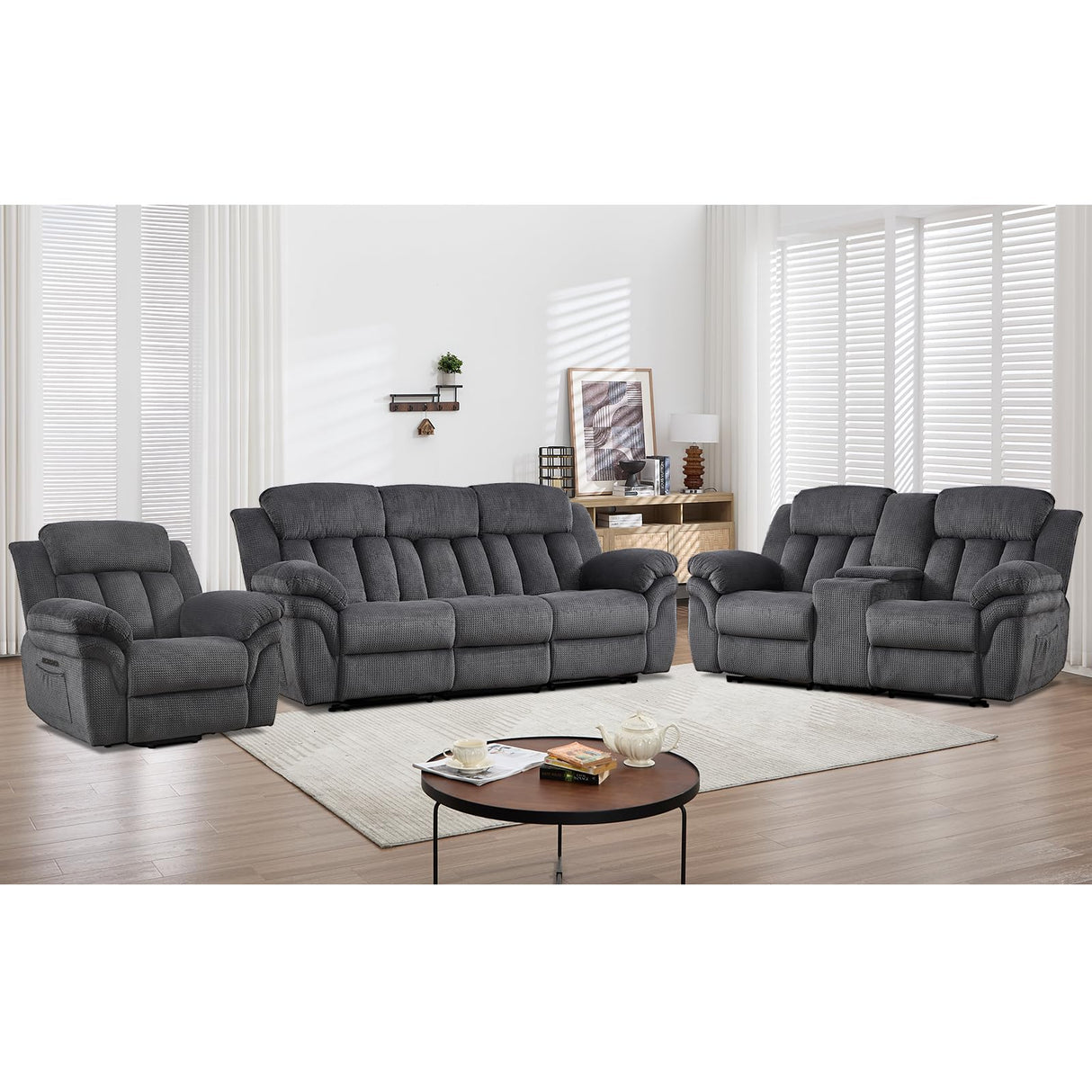 CANMOV Recliner Sofa Set, Oversize Power Lift Recliner Chair, Manual Loveseat and 3-Seat Sofa with Overstuffed Armrest for Living Room,Bedroom Furniture,Office,1+2+3 Seat Grey CANMOV