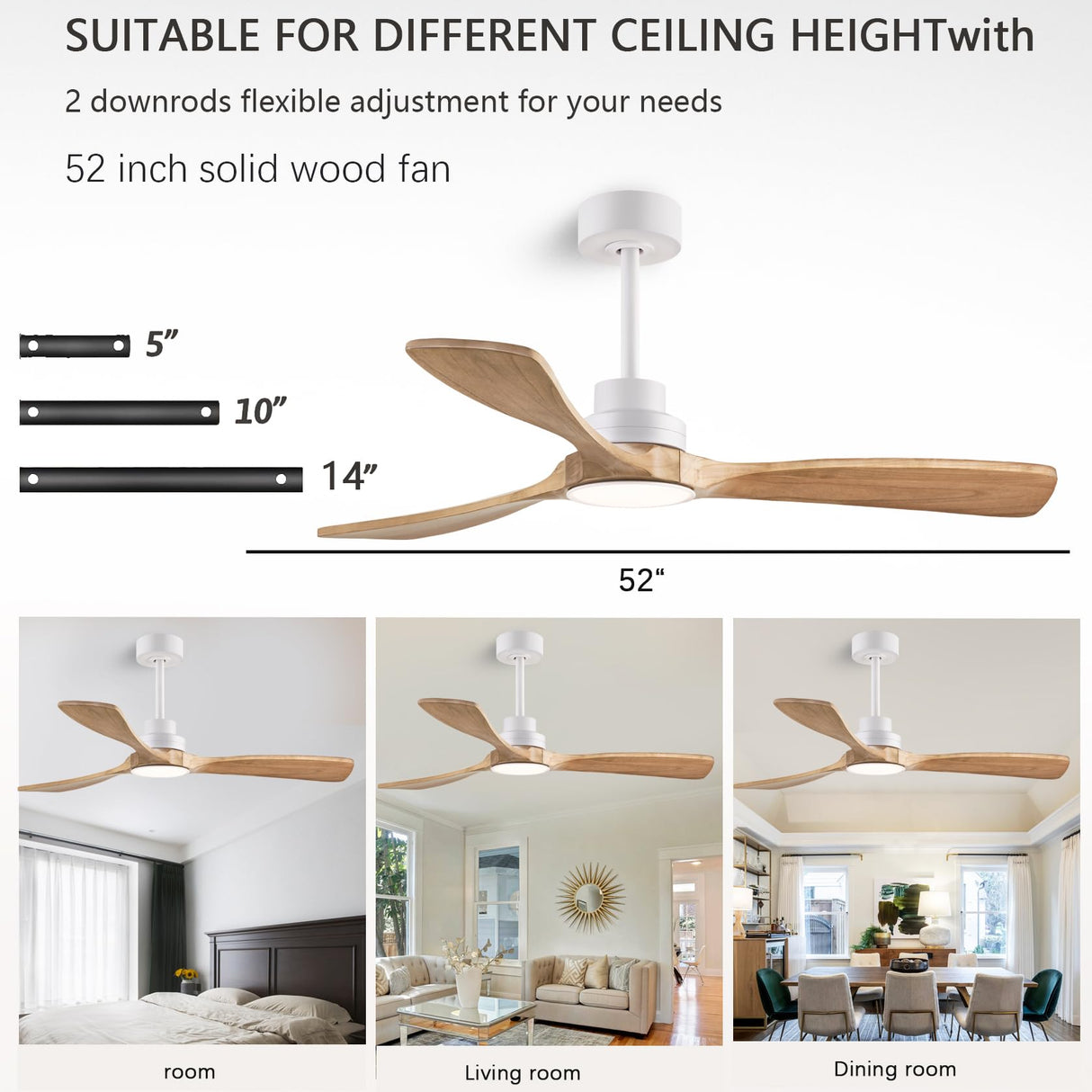 dearnow 52" Wood Ceiling Fan with Light with Remote Control Ceiling Fan with 3 Wood Blades, Solid Wood Ceiling Fan Indoor Outdoor for Dining Room, Living Room, Office, Farmhouse etc.… dearnow