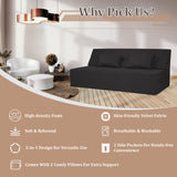 Youtanic 5 in 1 Folding Sofa Bed, Queen Size Convertible Sleeper Chair with Pillow, Memory Foam Futon Couch, Velvet Fabric Washable Mattress for Living Room, Dorm, Guest, Home Office, Apartment, Black Youtanic