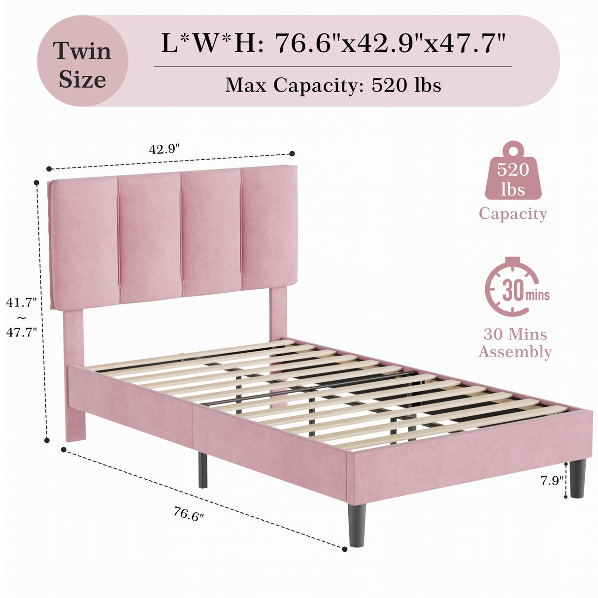 VECELO Twin Bed Frame with Upholstered Headboard, Heavy-Duty Platform Bedframe with Strong Wooden Slats Support, No Boxing Spring Needed, Pink VECELO