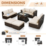 BULEXYARD 9 Piece Highback Patio Furniture Set with Fire Pit Table, Modern Modular Outdoor Sectional Couch Sofa with Ottoman, 8-Person Backyard Seating for Outside, Deck, Brown Wicker & Black Cushion BULEXYARD