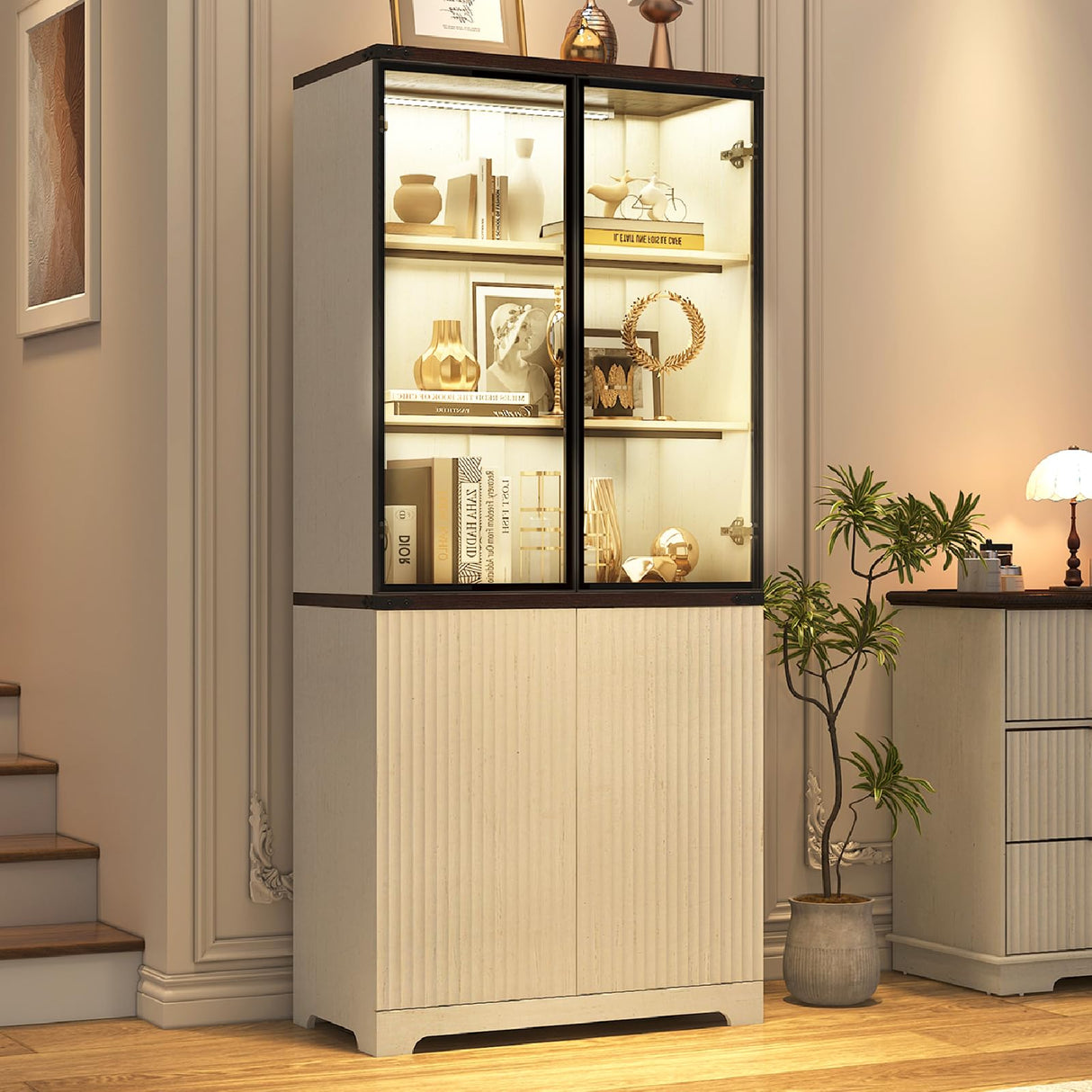 chartustriable 71" Tall Glass Display Cabinet with LED Sensor Light & Pop-up Glass Doors, Modern Fluted Bookcase with Shelves, Curio Storage Cabinet, Living Room, Office, Bedroom, Off White chartustriable