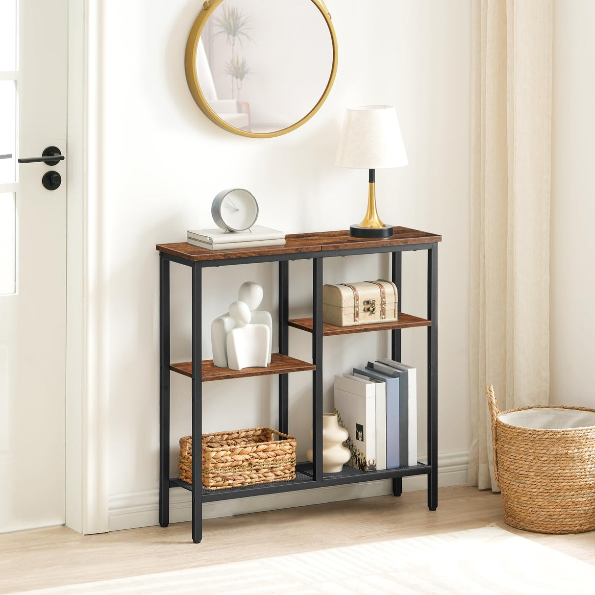 HOOBRO Console Table, Narrow Side Table, Sofa Table, 4-Tier Industrial Hallway Table with Metal Mesh Shelf and Adjustable Feet, for Entryway, Living Room, Hallway, Rustic Brown and Black BF79XG01 HOOBRO