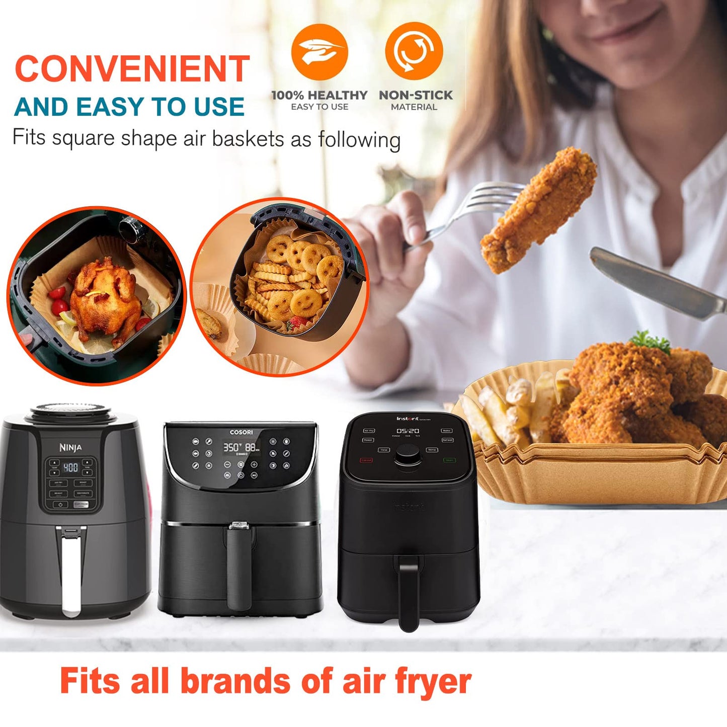 Air Fryer Liners Disposable Square 9 Inch, 125 Pcs Large Square Air Fryer Paper Liners for 6-10QT Air fryer, Non-stick Parchment Paper for Frying, Baking, Cooking, Roasting and Microwave