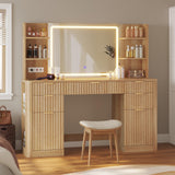 HAUOMS 51.2" Fluted Makeup Vanity Desk with Large 30.3" Mirror and Lights, 5 Drawer Vanity with Power Strip, 6 Open Shelves, 2 Cabinet，Modern Dressing Table with Solid Wood Legs for Bedroom, Oak HAUOMS