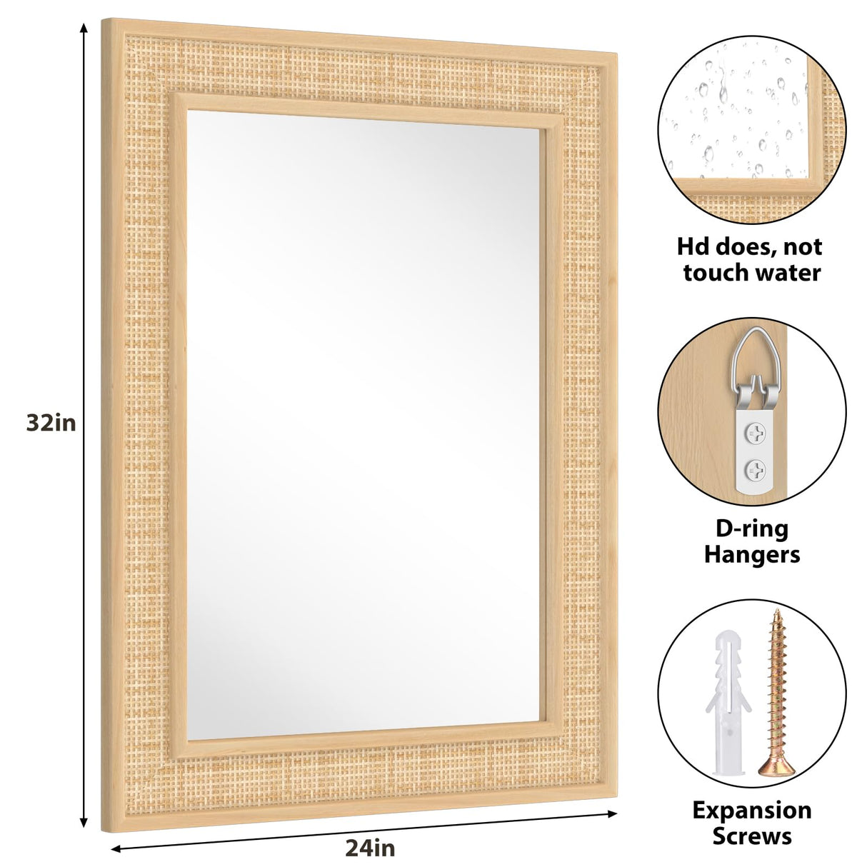 FUWU HOME Rattan Wall Mirror with Wooden Framed 24 X 32 inch Farmhouse Rectangle Wood Mirror for Modern Decorative Bathroom, Living Room, Entryway, Bedroom FUWU HOME