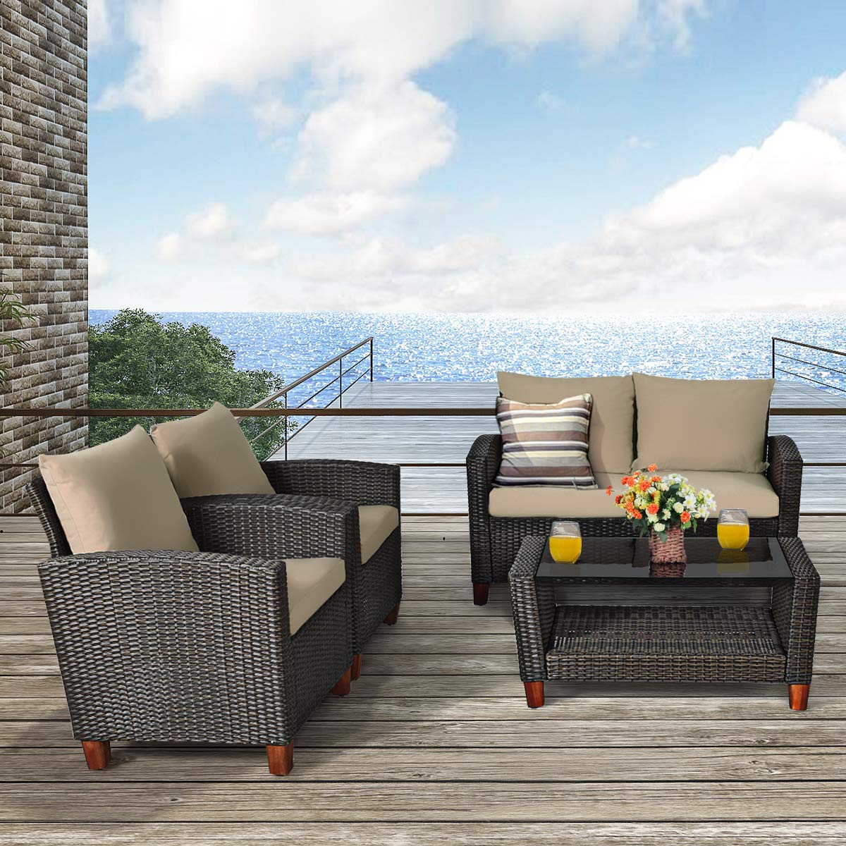 Tangkula 8 Pieces Patio Rattan Furniture Set, Outdoor Wicker Conversation Set with Seat & Back Cushion,and Tempered Glass Coffee Table with Shelf, for Porch, Poolside, Backyard, Garden - WoodArtSupply