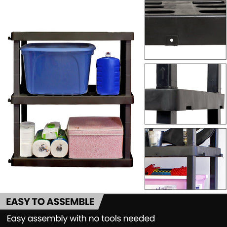 Koolatron Oskar 3 Tier Plastic Shelf, Garage Shelving Unit, Rack and Storage Shelves - Ideal for Storage Shed, and Shelf Organizer - Perfect for Garage Storage and Shelving Solutions,Black Koolatron