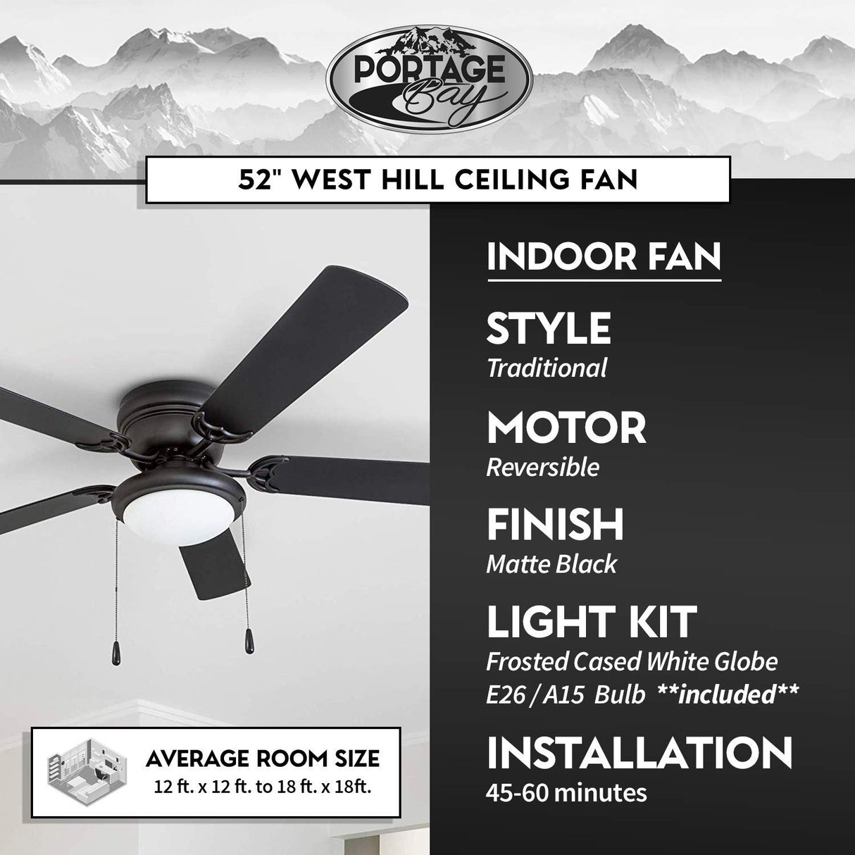 Portage Bay 50251 Hugger 52" Matte Black West Hill Ceiling Fan with Bowl Light Kit Portage Bay