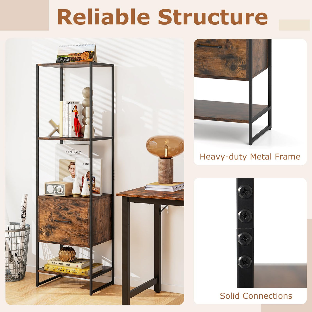 Tangkula 4-Tier Bookshelf with Drawer, 62.5” Tall Narrow Bookcase with Metal Frame & Anti-tip Kits, 4 Open Shelves & Pull-Out Drawer, Modern Slim Display Storage Rack for Living Room Study (2, Brown) Tangkula