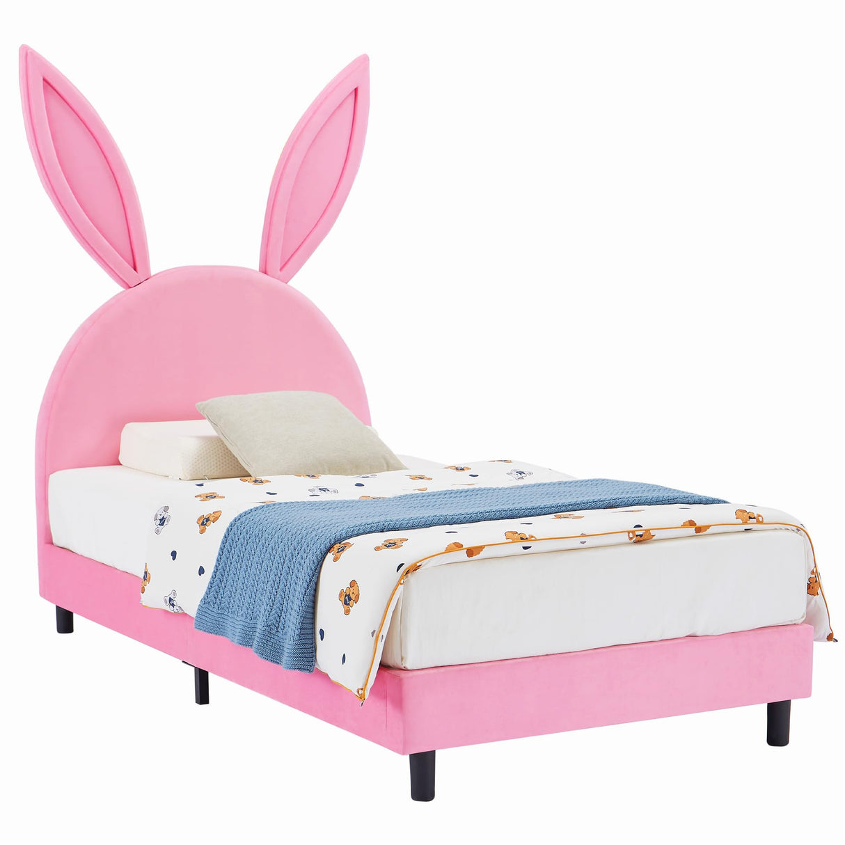 VECELO Pink Twin Bed Frame with Bunny Ear Headboard, Upholstered Velvet Padded for Girls, Sturdy Wood Slats, No Box Spring Needed VECELO