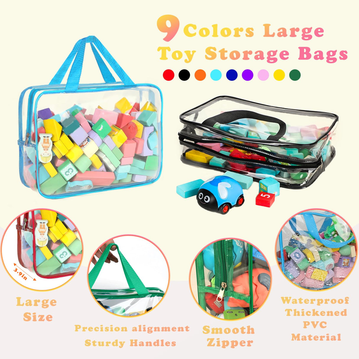 9 Packs Toy Storage Bags with Labels, Large PVC Reusable Board Game Storage Containers Clear Zipper Pouches Waterproof Travel Organizer Bags for Building Blocks, Puzzle, Kids Books, Stationery, Makeup YELIENM