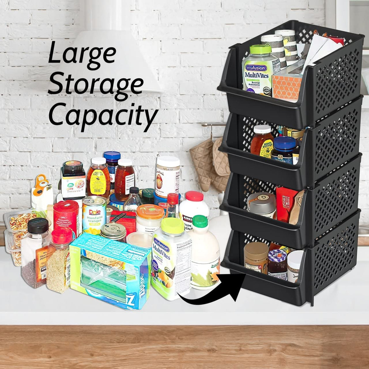 TidyFriend Stackable Storage Bins for Pantry Organizers and Storage 4 Pack, Pantry Storage for Food, Kitchen and Home Organization (Black) Skywin