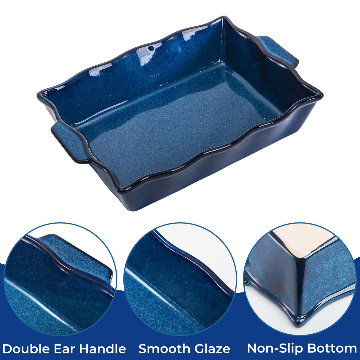 Peohud 3 Pack Casserole Dishes for Oven, Ceramic Baking Dishes with Handles, Heavy Duty Rectangular Lasagna Pan, Porcelain Bakeware Sets for Cooking, Cake Dinner, Kitchen, Blue Peohud